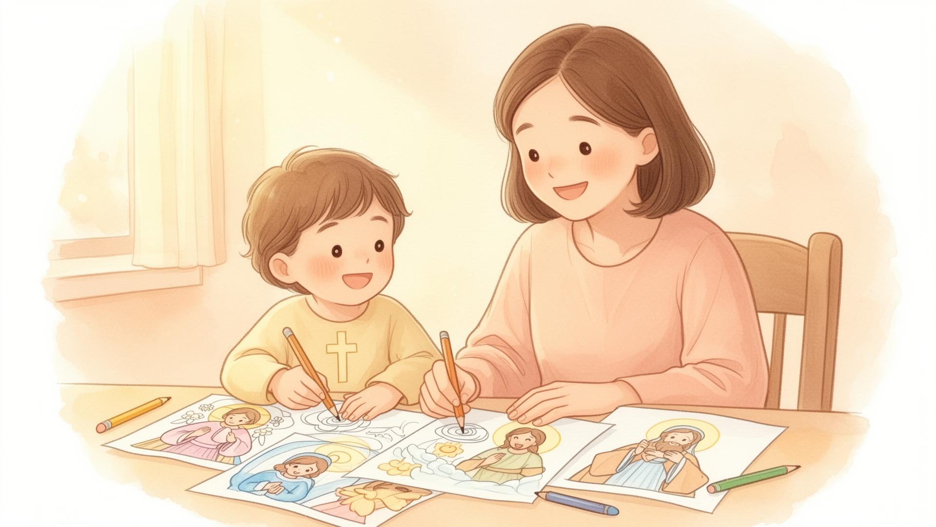 Mãe e filho colorindo desenhos cristãos juntos